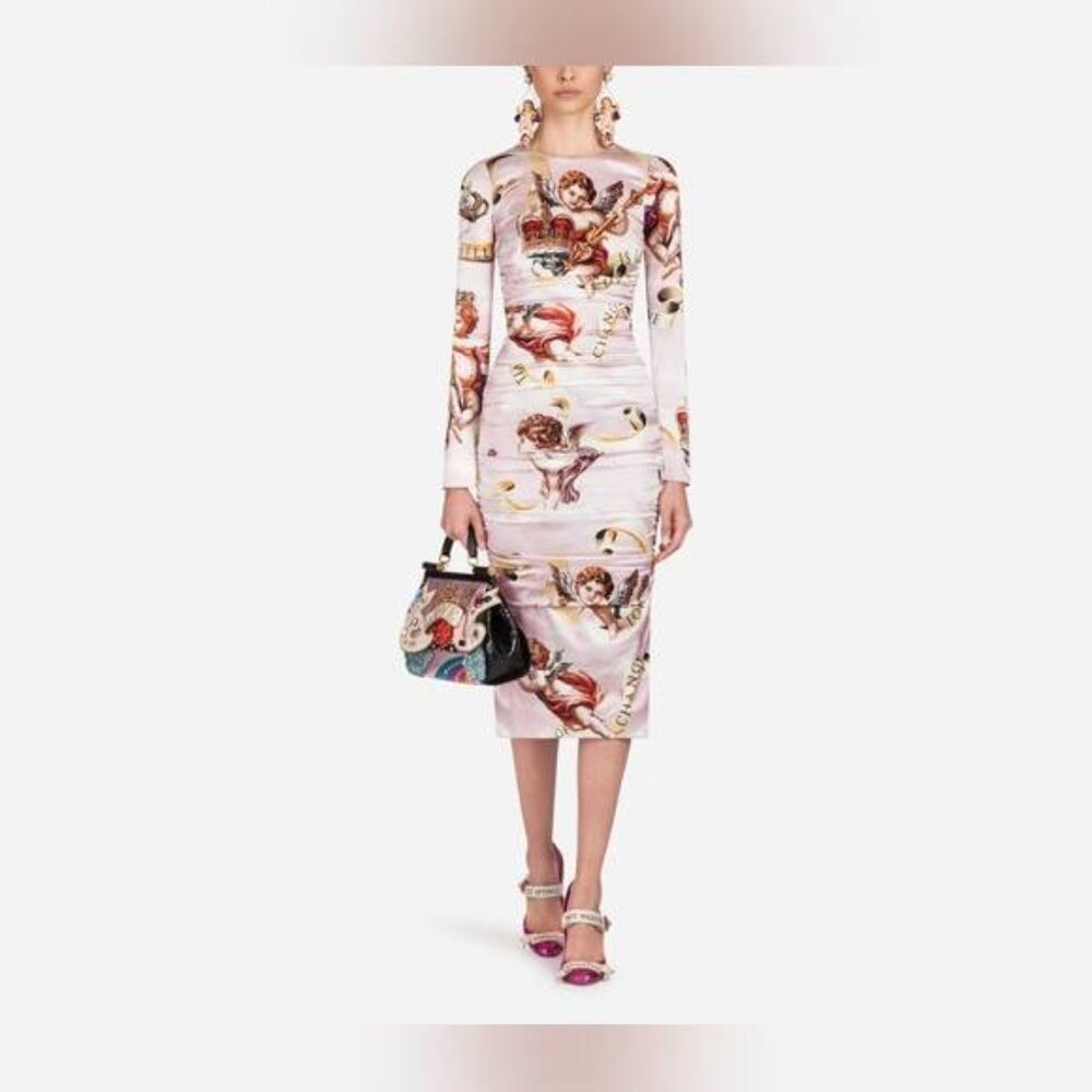 Dolce & Gabbana SS18 Pink Silk-Satin Cherub-Print Midi Dress